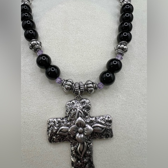 NWT Dolls Kill Divine Nature Cross Necklace Black beads w/ purple crystals - Picture 4 of 7